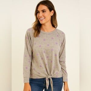NEW! Perch by Blu Pepper Gray and Purple Dot Tie-Front Sweatshirt